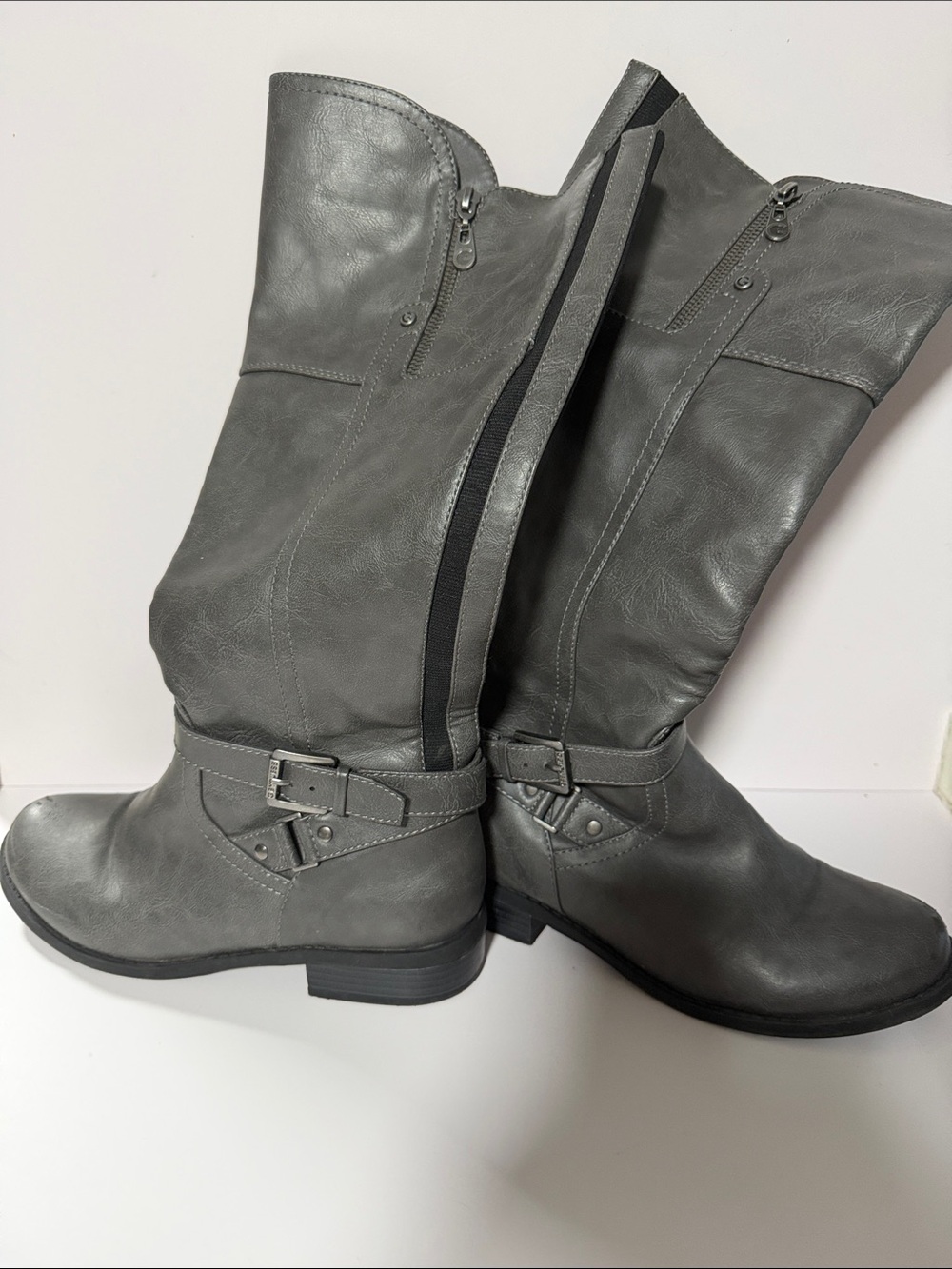 G by Guess Women's Gray Mid-Calf Buckle Heeled Boots